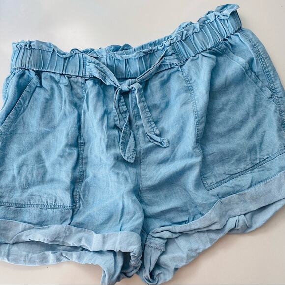 AEO AERIE Blue Soft Denim Elastic Waist Tie Pockets Lyocell Mini Roll Shorts M - Picture 7 of 8